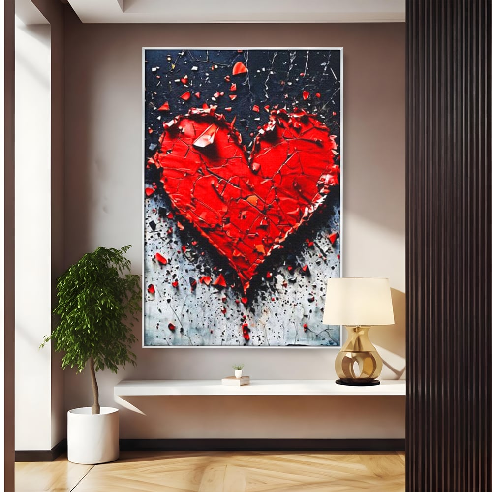 Tablou canvas cu tablou canvas cu o inima rosie crapata, in rama de aluminiu argintiu